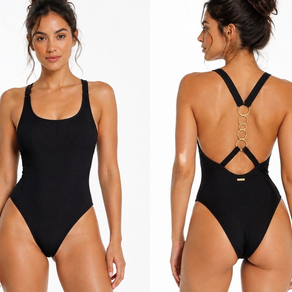 AQUARI Cascade One Piece Black Swimsuit M NWT Gold Chain Back Ribbed